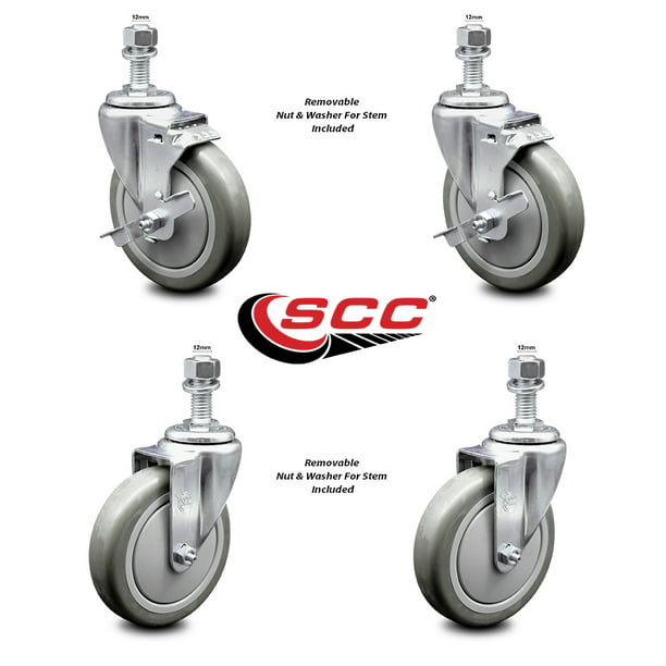 Polyurethane Swivel Threaded Stem Caster Set of 4 w/5 x 1.25 Gray Wheels and 1/2 Stems Includes 4 with Total Lock Brakes Service Caster Brand 1200 lbs Total Capacity 